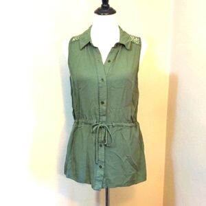 Olive Green Sleeveless Button Down Lace Back Blouse with Tie Front Medium
